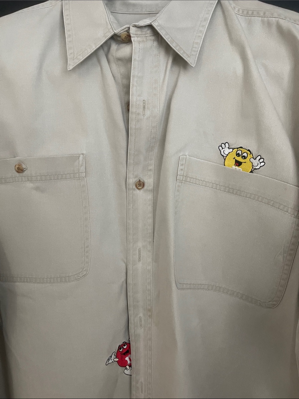 Men's Casual Button-Down Shirt with Playful Embroidered M&M Characters - Beige